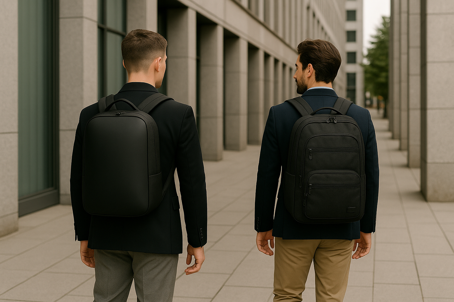 2 hommes avec l'un sac à dos ordinateur classique et l'autre sac à dos ordinateur antivol