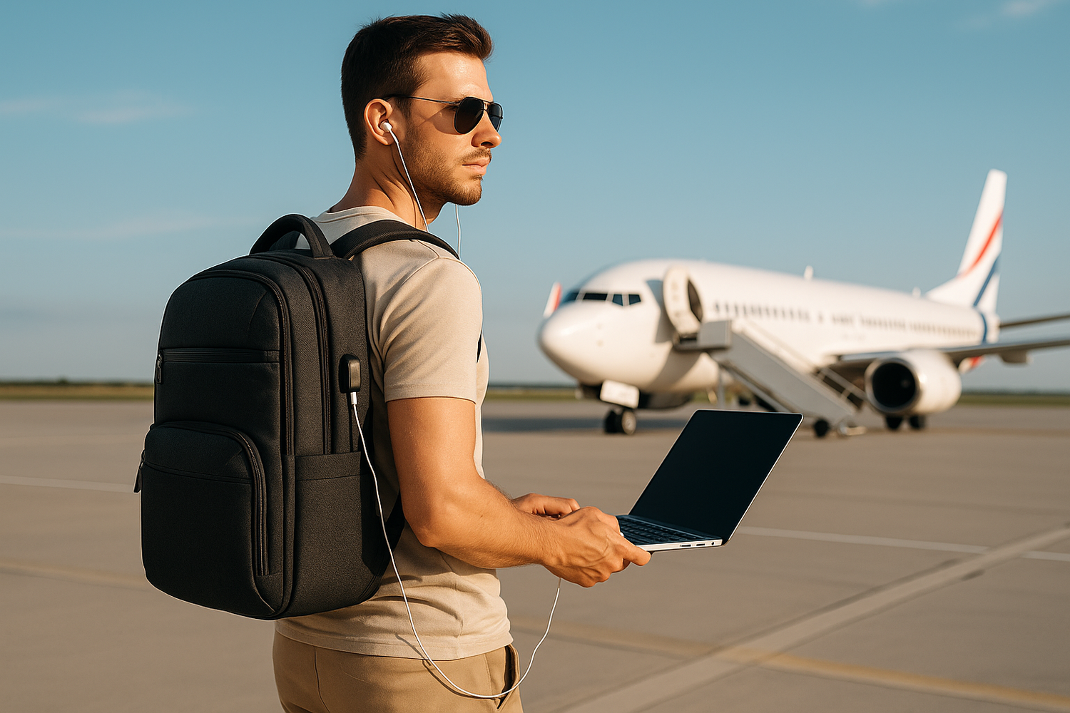 homme sur le tarmac avec un sac à dos ordinateur