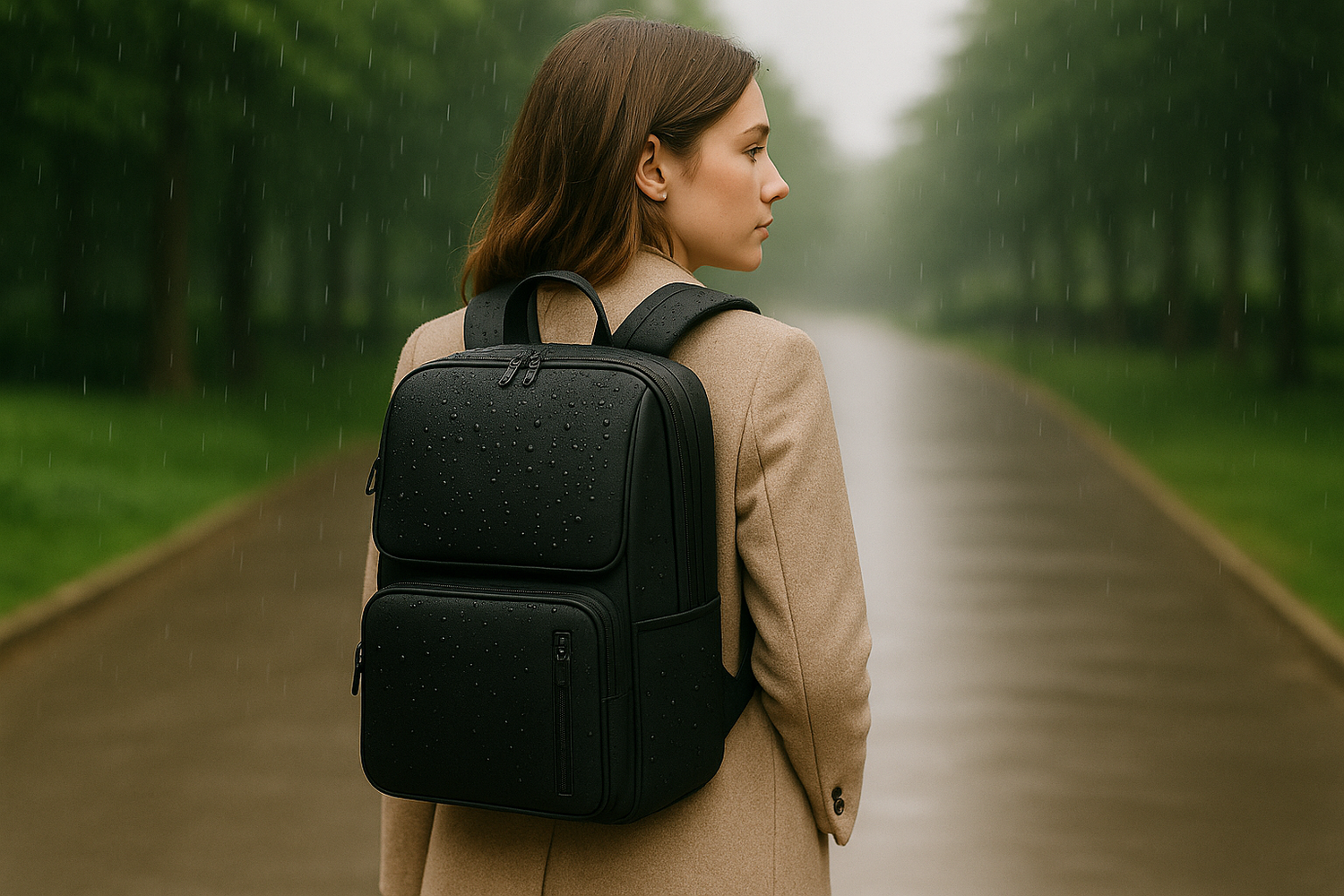 femme sous la pluie avec sac a dos ordinateur