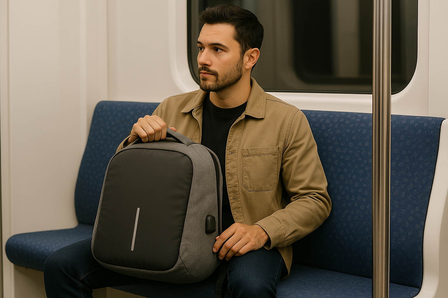 homme dans les transports en commun avec sac a dos ordinateur