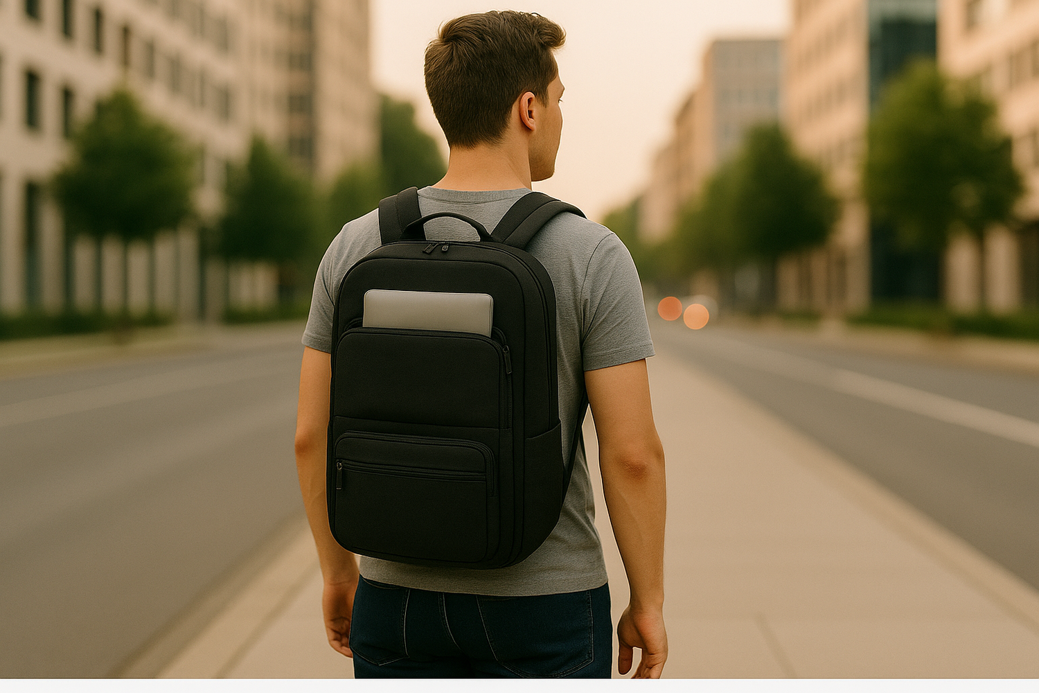 homme marchant avec un sac à dos pc portable