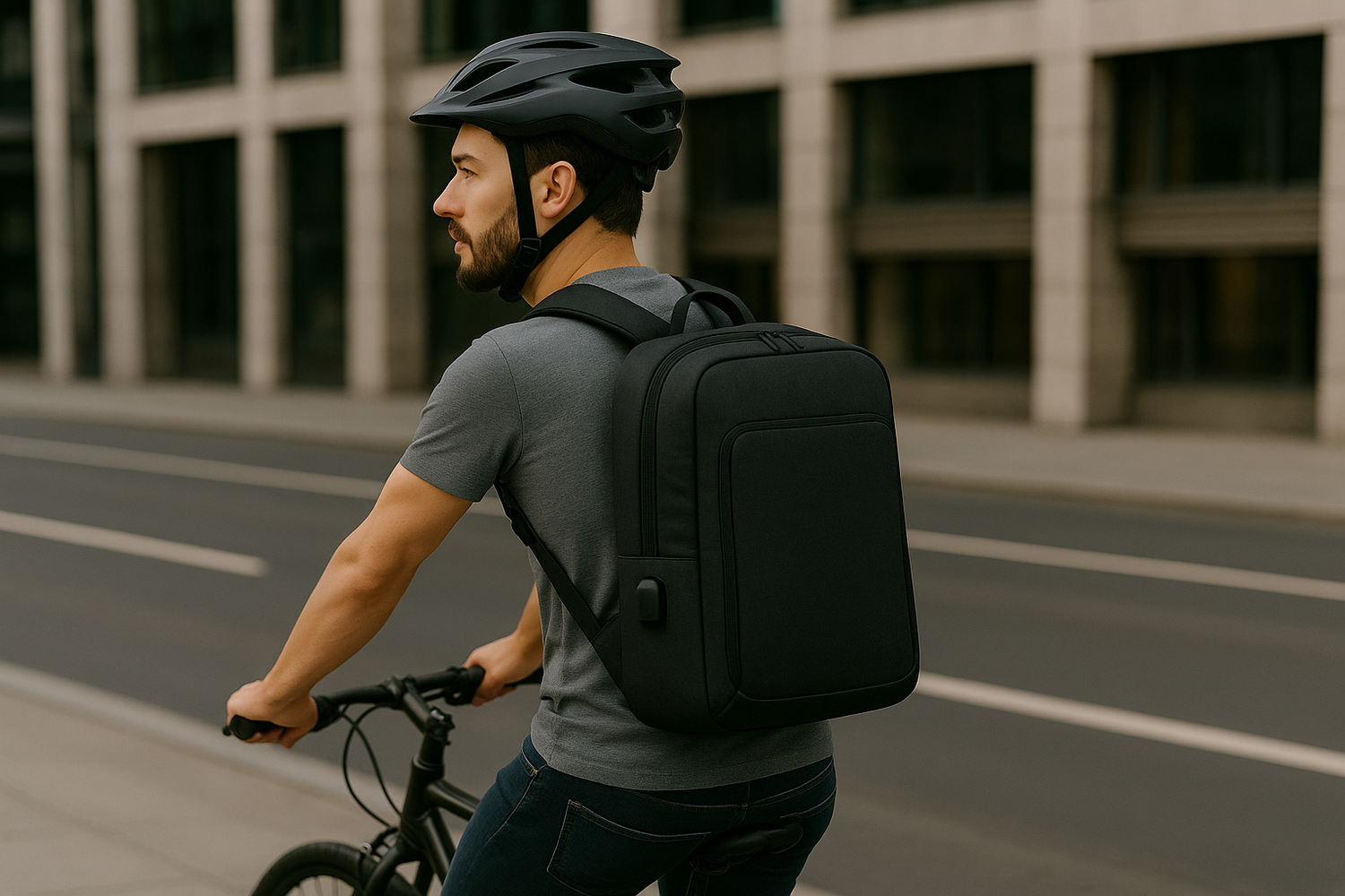 homme sur vélo avec sac à pc portable