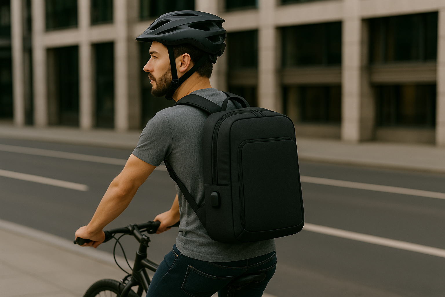 homme sur vélo avec sac à pc portable