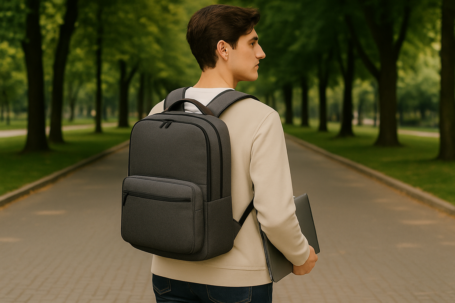 étudiant avec un sac a dos ordinateur portable