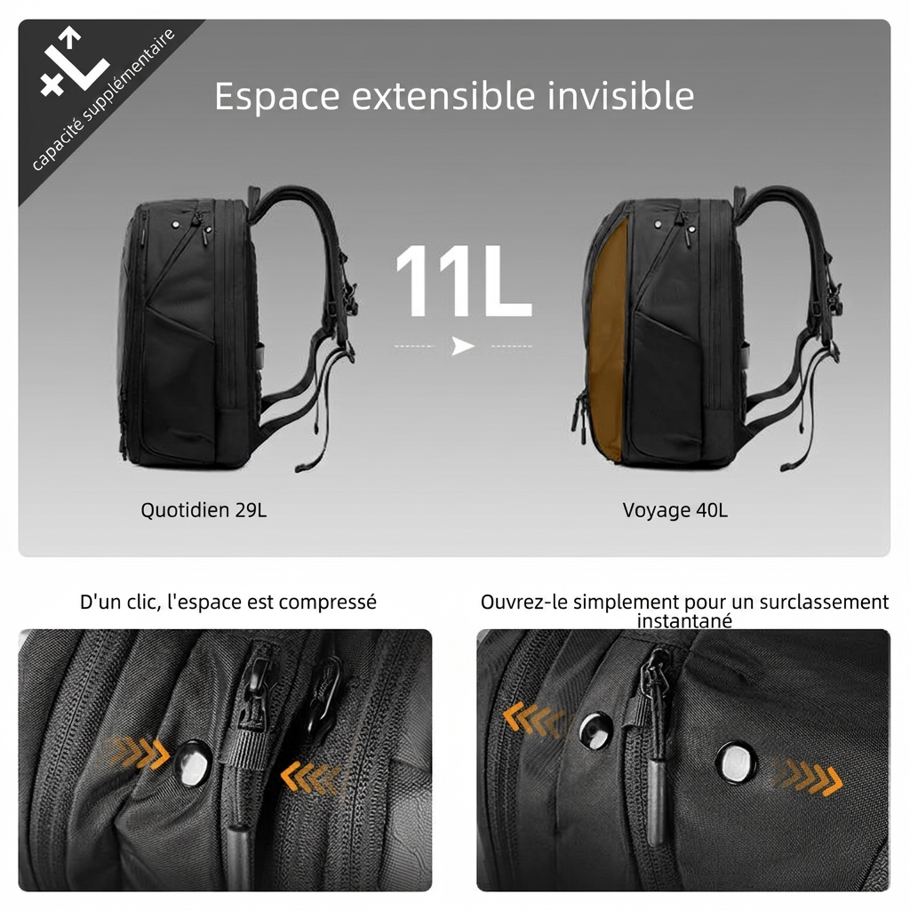 Sac à dos ordinateur 17,3" extensible 29-40L imperméable antivol 360° RFID USB