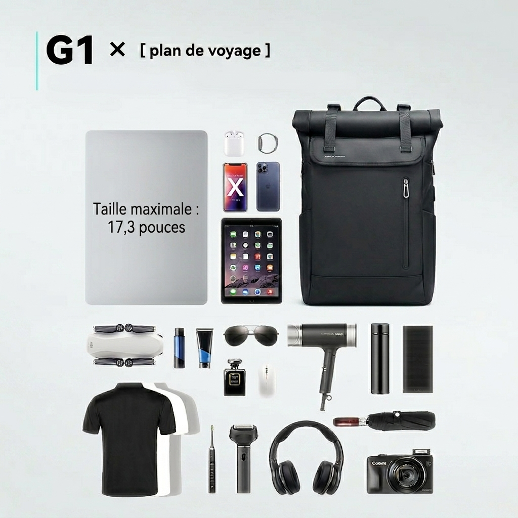 Sac à dos ordinateur 17,3" imperméable roll-top 29L extensible USB