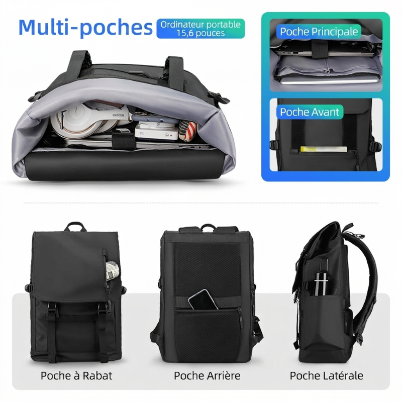 Sac à dos ordinateur 15,6" imperméable extensible 20-26L RFID & USB