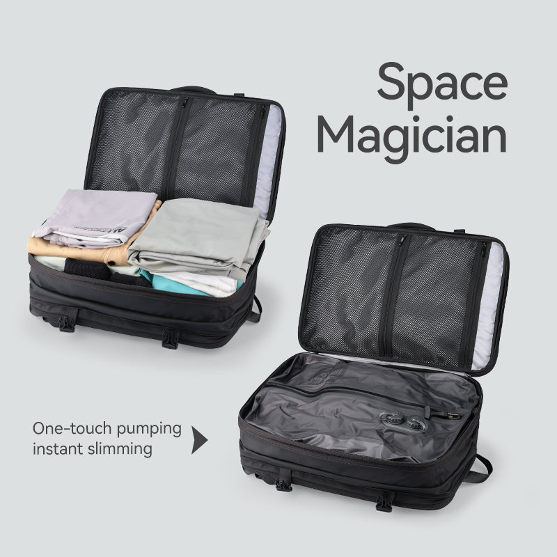 Sac à dos voyage 35L avec compression sous vide – Format cabine, extensible et compartiment PC