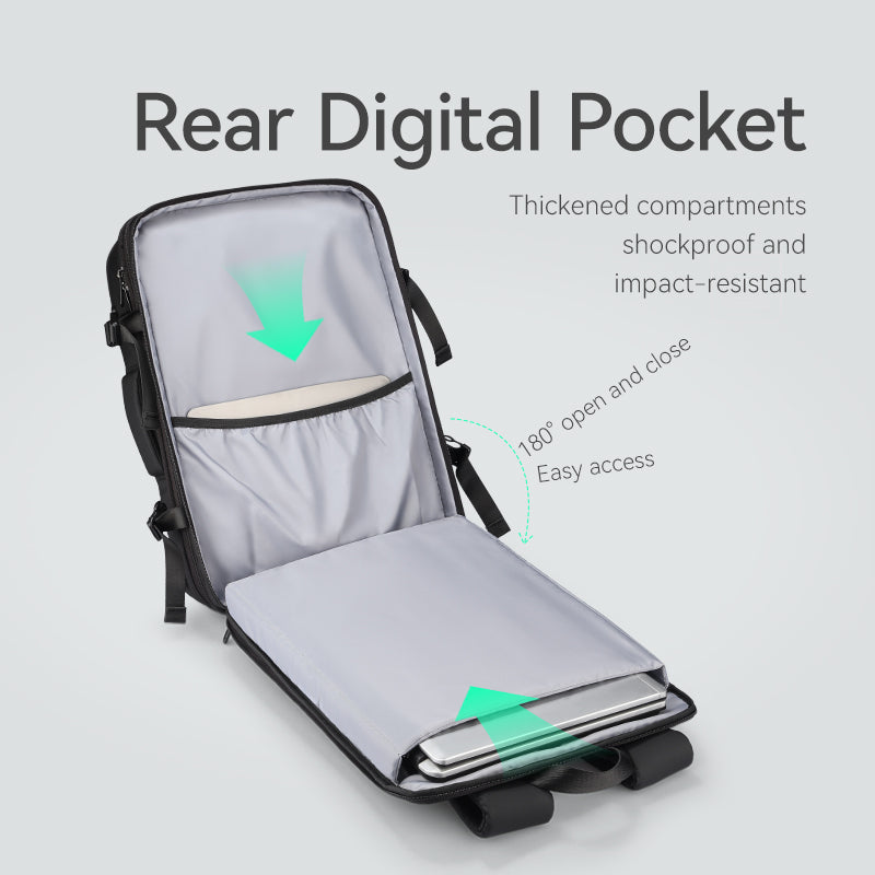 Sac à dos voyage 35L avec compression sous vide – Format cabine, extensible et compartiment PC