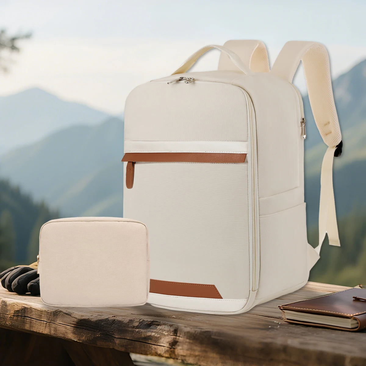 Sac ordinateur beige pour étudiantes à grande capacité