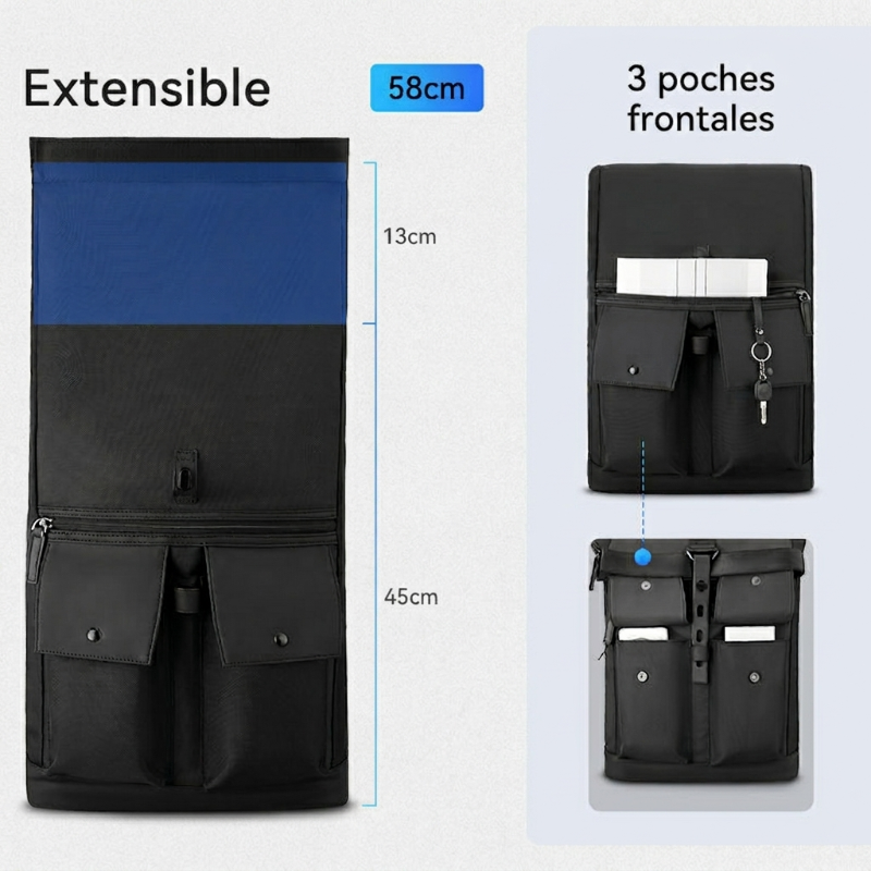 Sac à dos ordinateur imperméable 15,6" Roll-Top 23L – Port USB