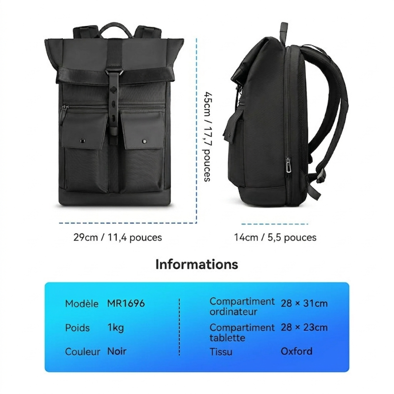 Sac à dos ordinateur imperméable 15,6" Roll-Top 23L – Port USB