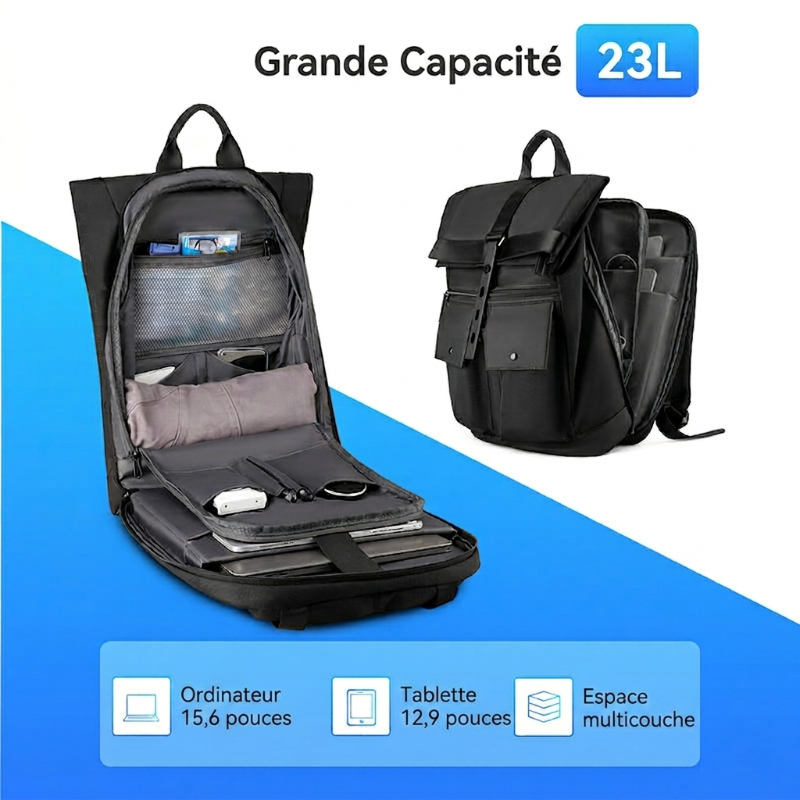 Sac à dos ordinateur imperméable 15,6" Roll-Top 23L – Port USB