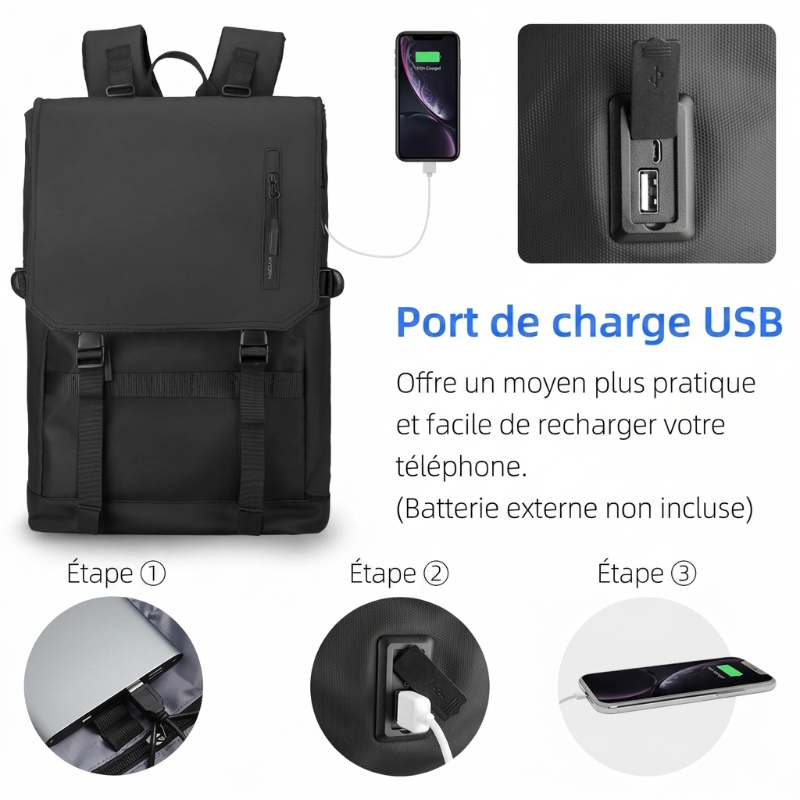 Sac à dos ordinateur 15,6" imperméable extensible 20-26L RFID & USB
