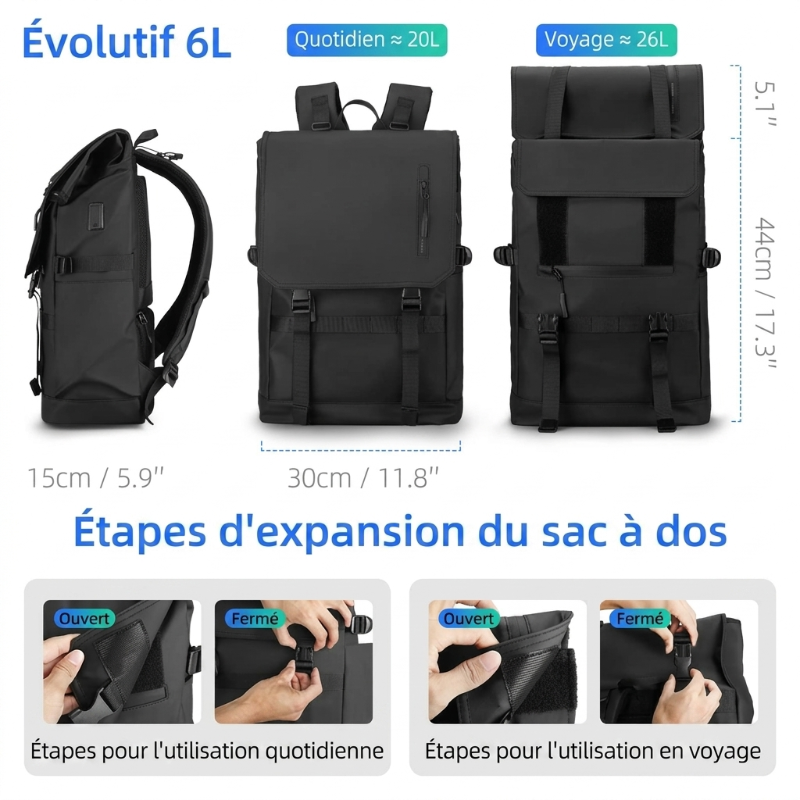 Sac à dos ordinateur 15,6" imperméable extensible 20-26L RFID & USB