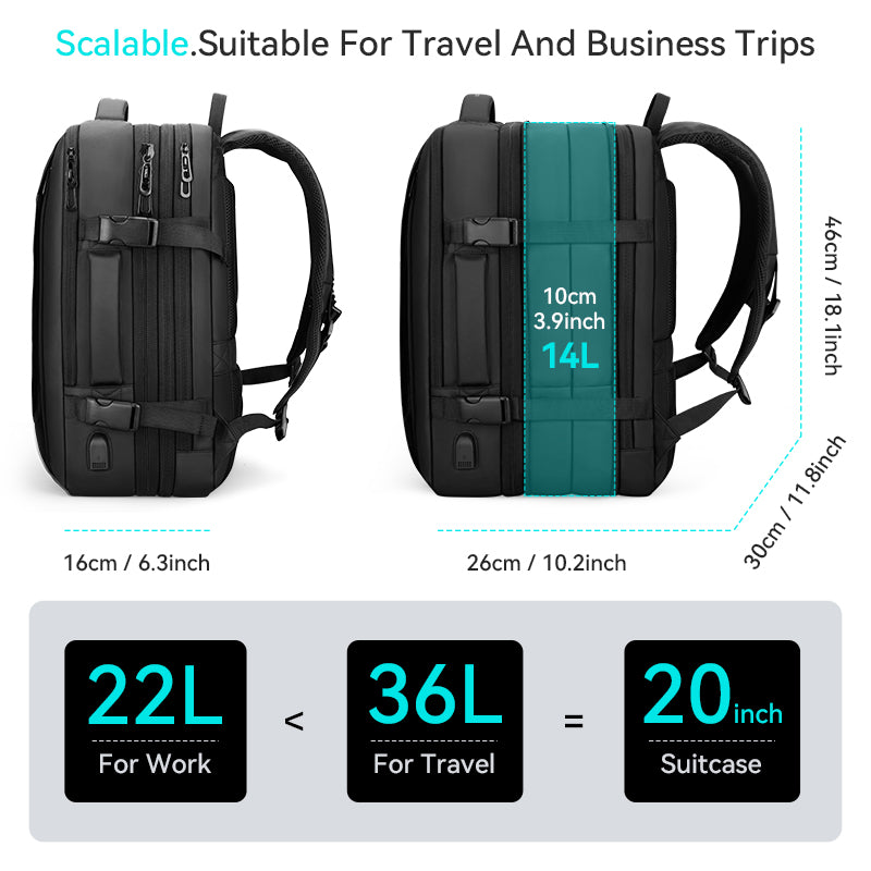 Sac à dos ordinateur extensible 36L – Grand volume, port USB, idéal voyage pro